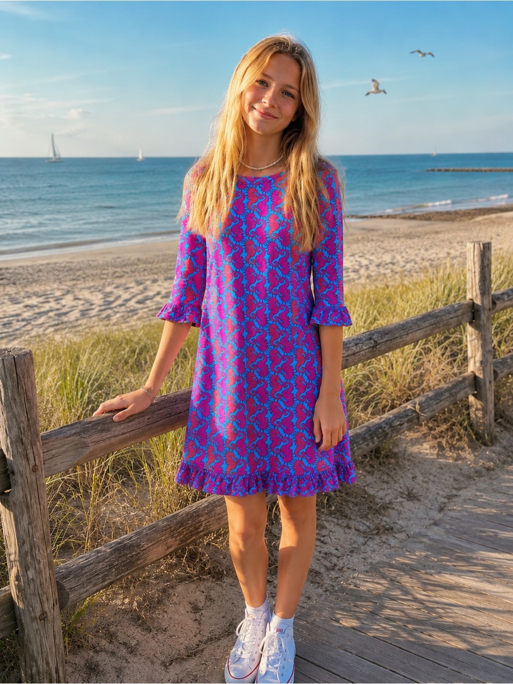 L (8-10) - Lilly Pulitzer - Pink & Purple Ruffled Shift Hippocampes Dress